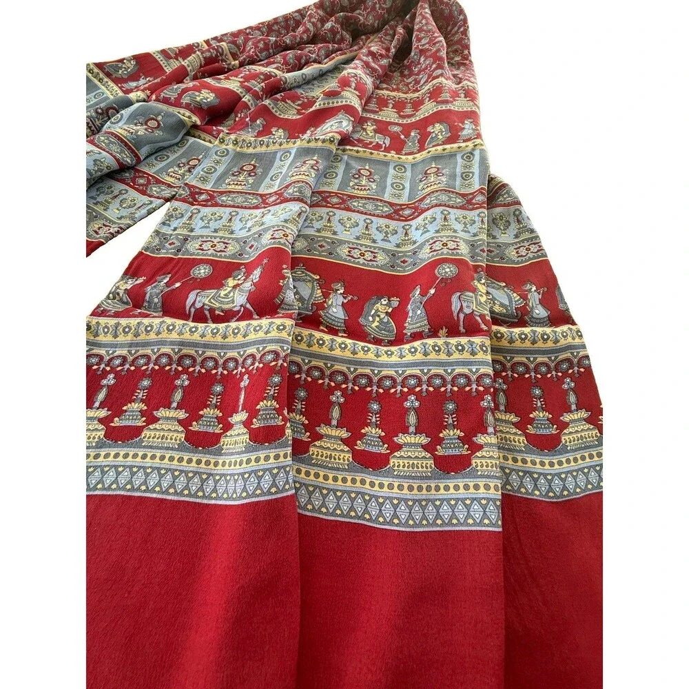 Red Silk Scarf With Paisley global-inspired Print 68” X 20” Artsy Historical EUC